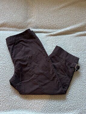 RQT -- brown cotton flared capri pants, buckle details at bottom of leg